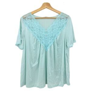 Vassarette LARGE American VINTAGE 70s Blue Nylon Lace Lingerie Sleep Shirt Top